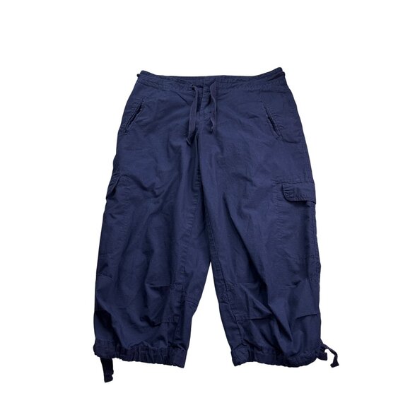 Norma Kamali Navy Cargo Capri Pants Size M Cotton Drawstring Waist Cuffs - Picture 1 of 4